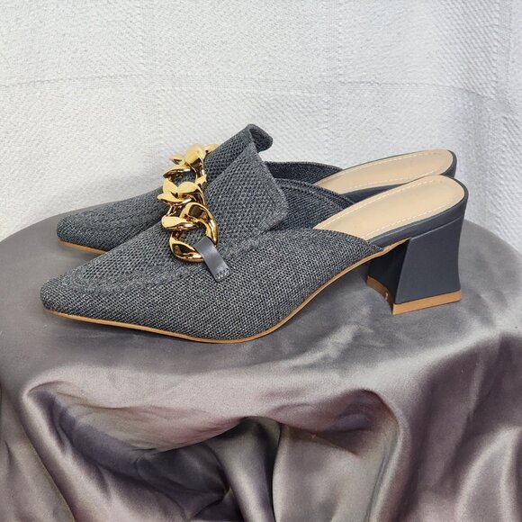 Newbella Grey Mousse Fit Pointed Toe Square Heel Gold Tone Chain Dress Mule 7.5 - Picture 8 of 16